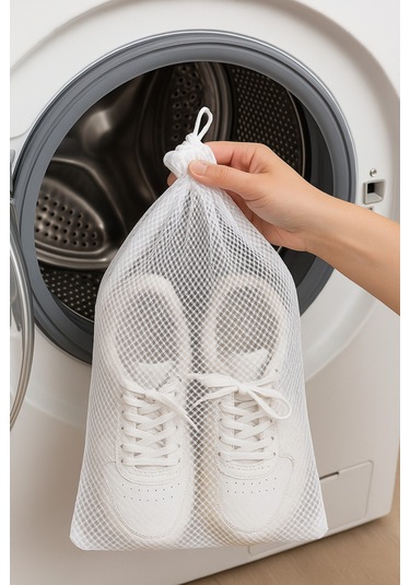 3 Lü Set Ayakkabı Yıkama Filesi 35x55 Cm Ağzı Büzgülü Çamaşır Makinesi Koruma Filesi Beyaz