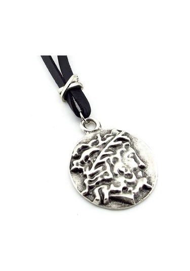 Solfera Zeus Olimpos Antik Madalyon Orjinal Siyah Deri Erkek Kolye Q0651 Pembe