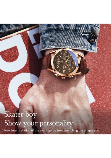 Olevs 2872 Erkekler Üç Göz Altı İğne Kronograf Su Geçirmez Kuvars Saat Kahve + Gül Altın