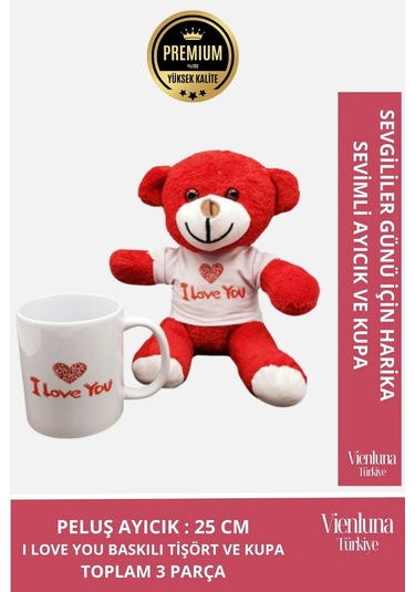Premium Sevgililer Doğum Günü Özel Kaliteli Romantik I Love You Baskılı Kupa Kırmızı Ayıcık Seti