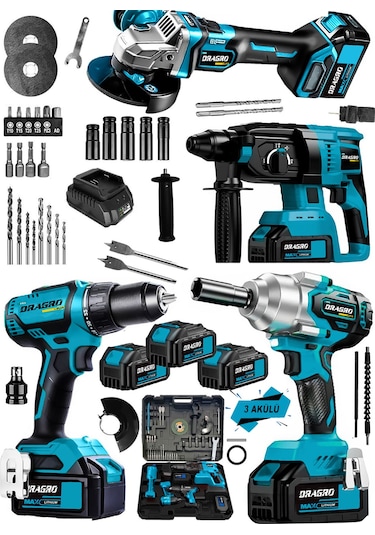 Dragro Alman DRG-999VF 20 AH 4'lü Set Akülü Şarjlı Vidalama + Somun Sökme + Taşlama + Kırıcı Delici Set M