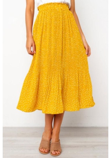 Kadın Yarım Vücut Etek Moda Puantiyeli Cepli Pileli Rüzgar Eteği Uzun Etek Sarı
