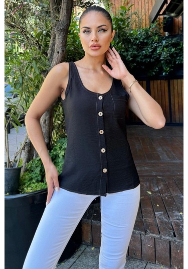 Kadın Siyah Yuvarlak Yaka Ve Düğme Detaylı, Kalın Askılı Keten Atlet Bluz Siyah