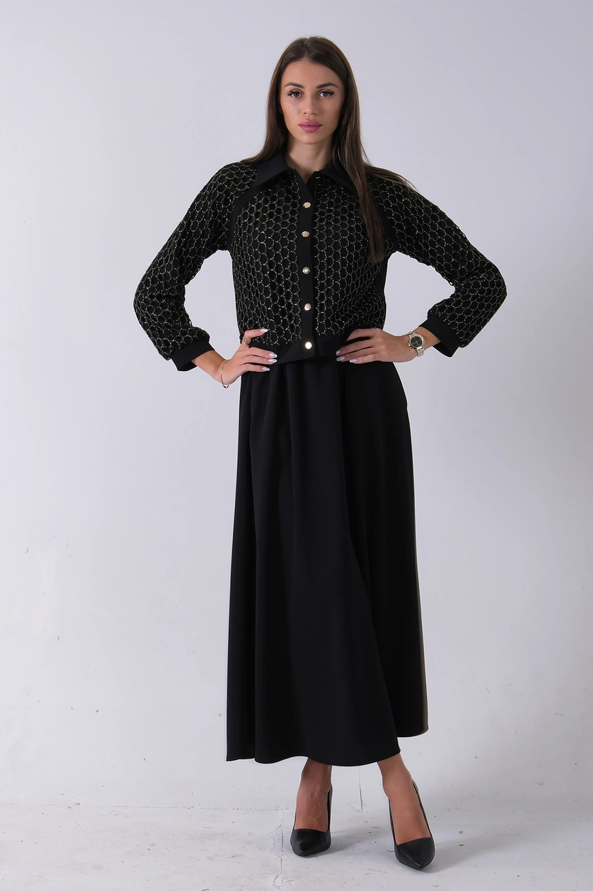 Feminist Siyah Sarı Petek Motifli Etekli Takım 4577253.01 Siyah