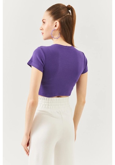 Kadın Kısa Kol Bisiklet Yaka Vücuda Oturan %100 Pamuklu Kaşkorse Esnek Crop Bluz Mor