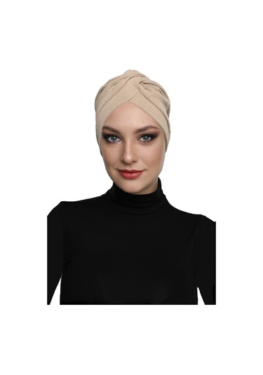 Çapraz Fitilli Penye Bej Hazır Türban Tesettür Havuz Bonesi Bej