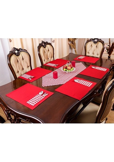 Kırmızı Amerikan Servis Supla Ve Runner Seti 12 Kişilik Set Kırmı Kırmızı