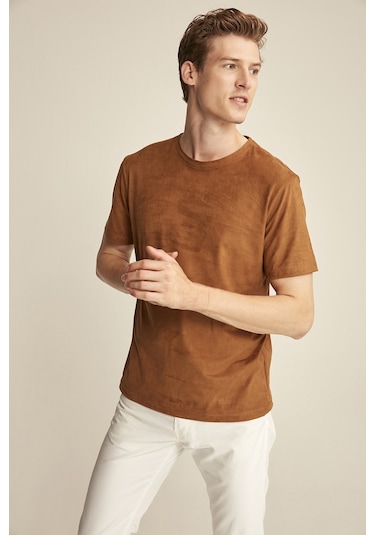 Grimelange ENZO Kahverengi Suet Erkek Basic Slim Fit T-shirt