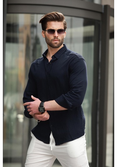 Madmext Lacivert Basic %100 Pamuklu Uzun Kollu Erkek Gömlek E6761 Lacivert