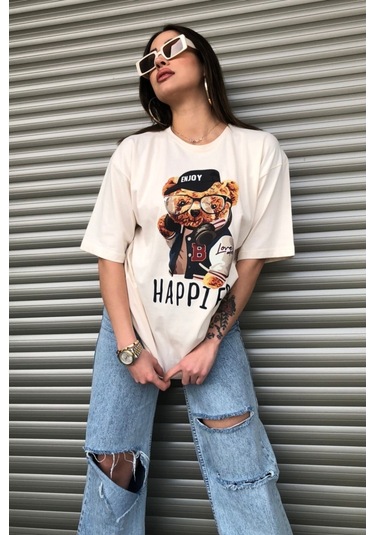 Modagen Kadın Happier Oversize Baskılı Bej T-shirt Hp Bej