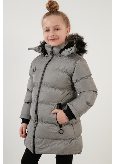 Lela Yakası Suni Kürklü Peluş Astarlı Çıkarılabilir Kapüşonlu Dar Kesim Kışlık Kız Çocuk Mont 5760002 Silver