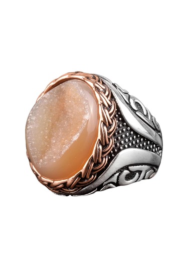 Gerçek Doğal Druzy Kristal Kuvars Taşı Yüzük, Doğum Taşı Yüzüğü, 925 Ayar Gümüş Yüzük Sarı Gümüş