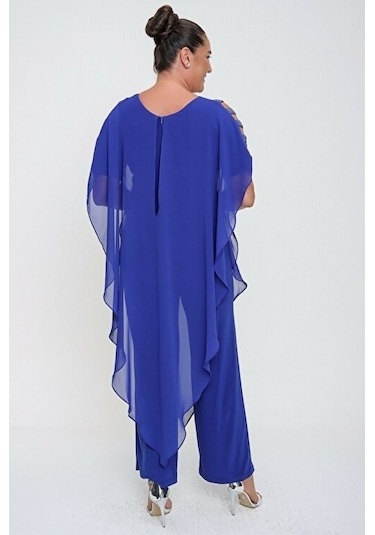 Kadın Tulum Büyük Beden Kol Taş Şeritli Şifon Üstlü Saks