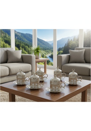 Yonca Desenli 6 Kişilik Porselenli Kapaklı 24 Parça Gümüş Renk Fincan Seti Gümüş