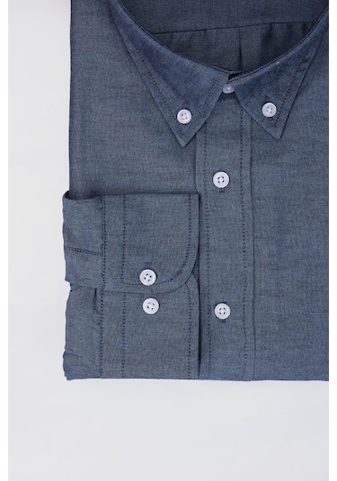 Tudors Büyük Beden Oxford Doku Yaka Düğmeli Cepli Nakışlı Mavi Erkek Gömlek-30424-mavi