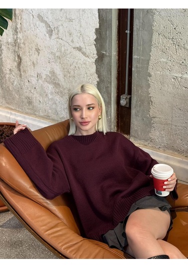 Mürdüm Bisiklet Yaka Oversize Triko Kazak Mg1972 Mürdüm