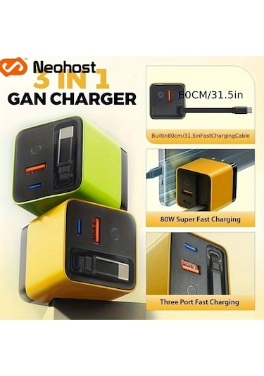 Elmpaly Sarı 65w Hızlı Şarj Cihazı 3 Cihaz Aynı Anda Şarj Hızlı Şarj Tip Çıkışı Taşınabilir