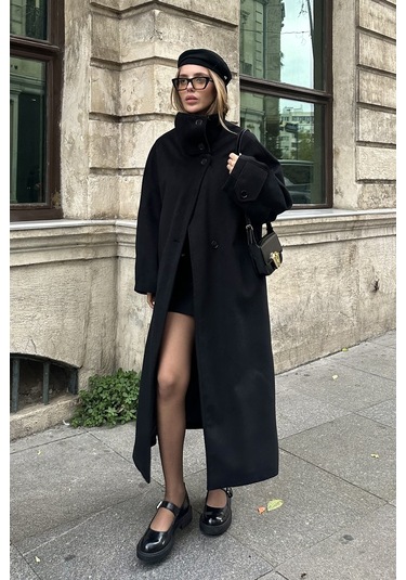 Siyah Vittoria Düğmeli Yaka Kaban - 2511 Siyah