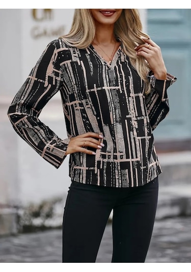 The İstanbul Kadın Uzun Kollu V Yakalı Desenli Dalgıç Bluz Siyah