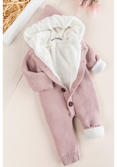 Triko Örme Welsoft Astarlı Kapüşonlu Kışlık Bebek Tulum gül kurusu