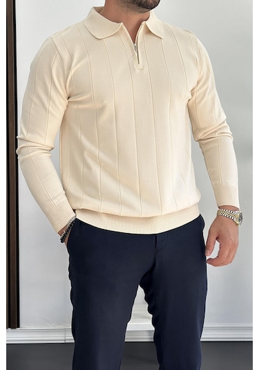 Erkek Yarım Fermuarlı Polo Yaka Mevsimlik Kazak Krem Edw195 Krem