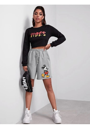 Benroma Mickey Mouse Baskılı Unisex Şort GRİ