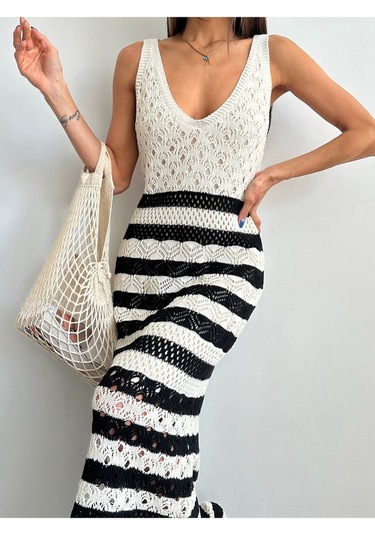 Kadın Askılı Ajurlu Yazlık Triko Elbise Krem - Siyah