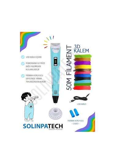 Mavi 3D Kalem 3D Pen Yazıcı Kalem | 10 Adet 5 Metre (Toplam 50 Metre) Filament + USB KABLO