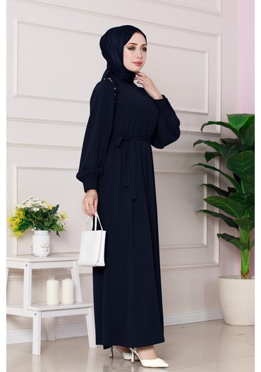 Omuzu Taş Detaylı Rose Elbise-lacivert-4776 Lacivert