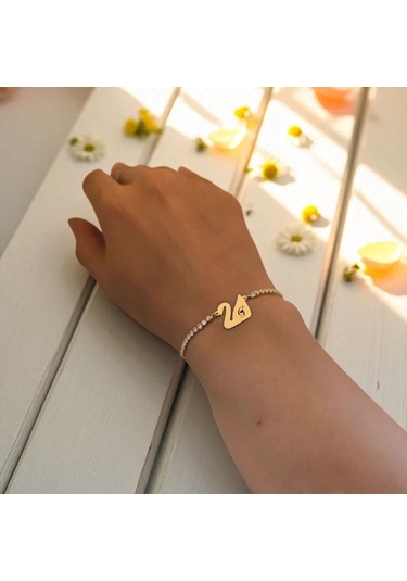 Archin G Harfine Özel Kuğu Kuşu Motifli 14 Ayar Altın Plakalı Beyaz Taş Detaylı Hediye Bileklik-601harf G