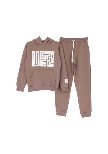 Kız Çocuk 2 İplik Küfe Yazı Görselli Kapüşonlu Alt-üst Takım 12374 Açık Kahve