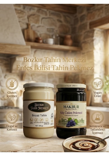 Bozkır Tahin Merkezi Enfes İkili Beyaz Tahin 600 Gr - Köy Üzüm Pekmezi 800 Gr Doğal&katkısız