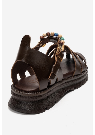 Luvishoes Solıs Kahverengi Hakiki Deri Boncuklu Kadın Sandalet