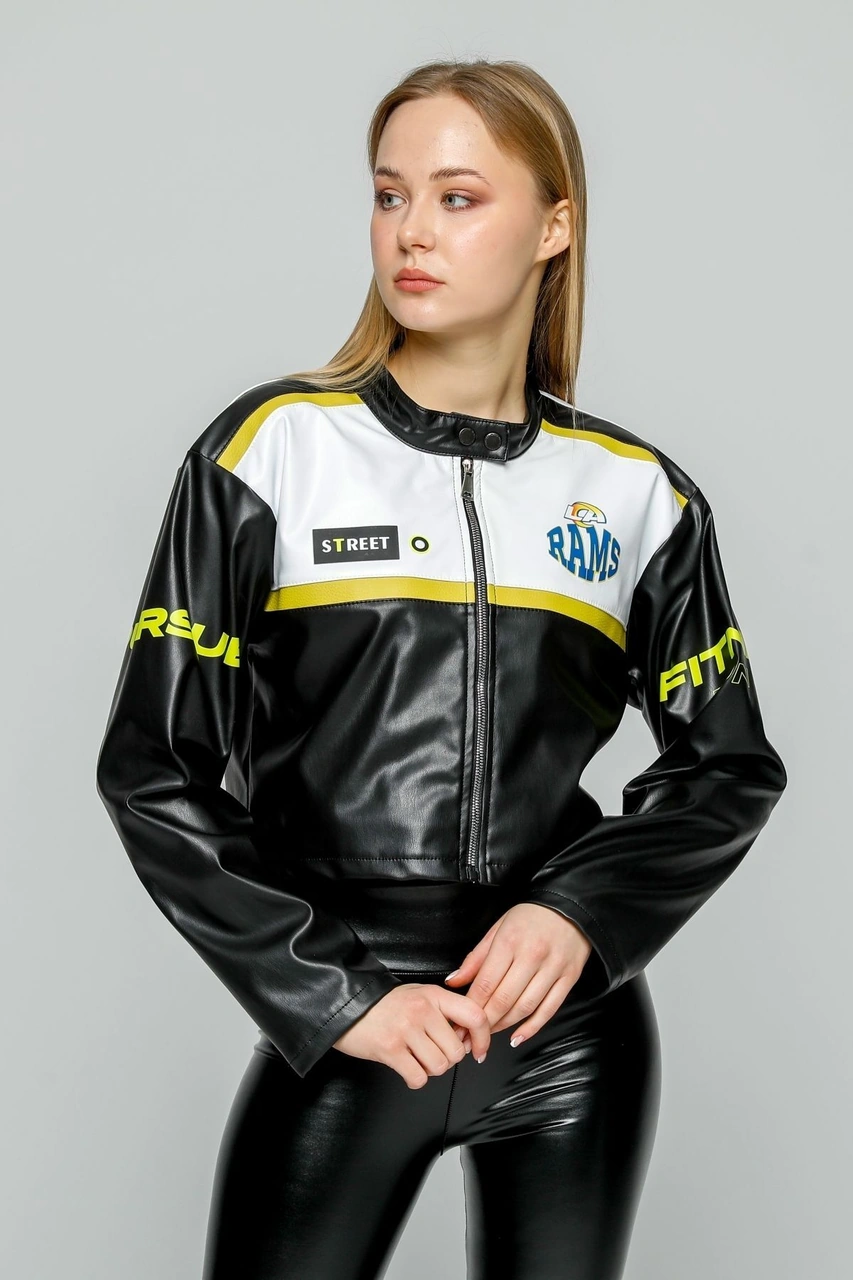 Kadın Oversize Baskılı Deri Şeritli Motorcu Montu Kısa Fermuarlı Yarışçı Ceketi Bomber Kolej Mont Sarı