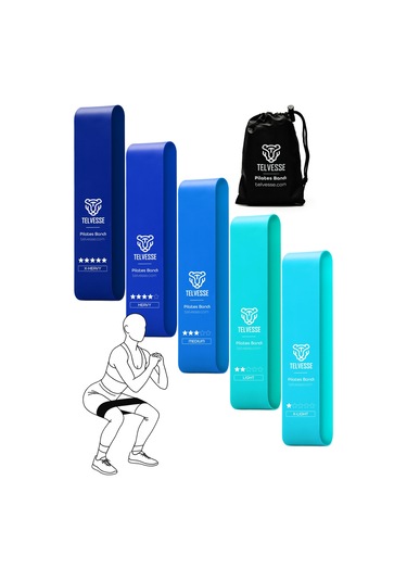 5 Li Çantalı Pilates Direnç Bandı Seti Egzersiz Squat Aerobik İçin Kapalı Uç Loop Lastik Mavi Mavi