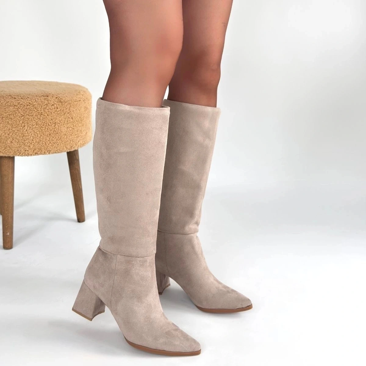 Biçomi Roksa Bej Süet Topuklu Çizme Çok Renkli