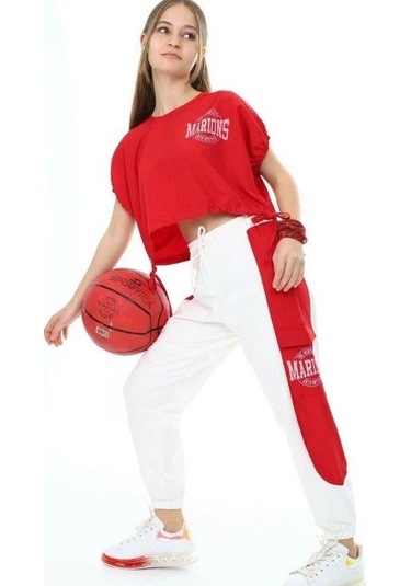 Kız Çocuk Yanları Şerit Detaylı Kargo Cepli Eşofman Altı-13738 Beyaz