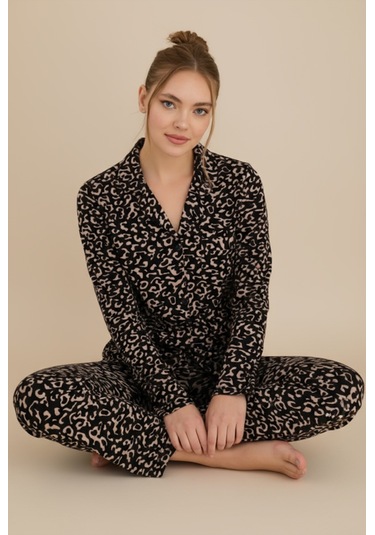 Luxury Soft Siyah Leopar Desenli Uzun Kollu Kadın Pijama Takımı 3058 Leopar2