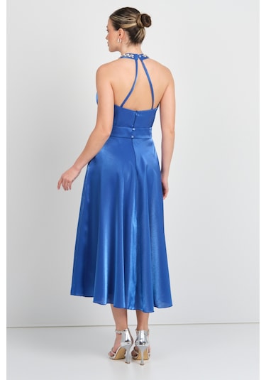 Saygın Kadın Halter Yaka Saten Midi Abiye Elbise 5624 Saks Saks