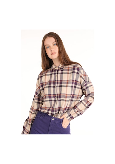 Colins Regular Fit Kareli Mor Kadın Uzun Kol Gömlek Cl1065058 Mor