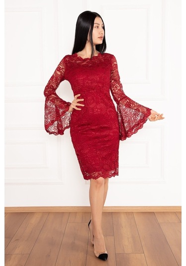 Kalopya Kol Volanlı Kısa Dantel Abiye Elbise 13034 Bordo