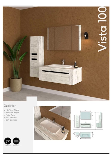 Evros Vista Banyo Dolabı 100 Cm Boy Dolabı Dahil Beyaz - Antrasit