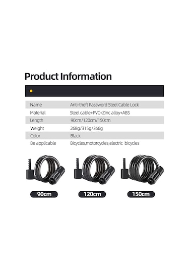 Geeksen 150cm Çelik Kablolu Pvc Kaplı Kilit, Şifreli Antifantezi Bisiklet Kilidi, Taşınabilir Spor Bisikleti Koruması