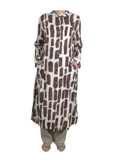 Kadın Önden Düğmeli Cepli Uzun Tunik Gömlek Vizon