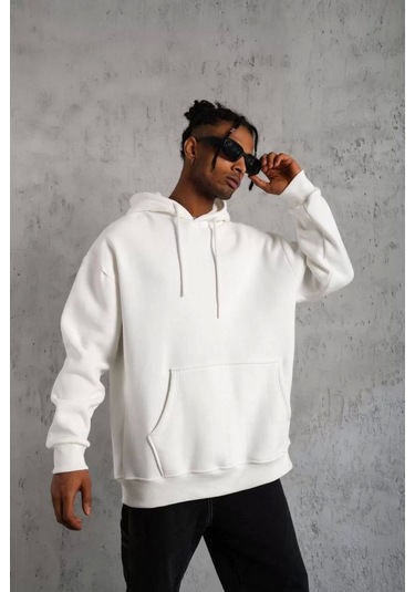 Erkek Düz Kapüşonlu Sweat - Beyaz Beyaz