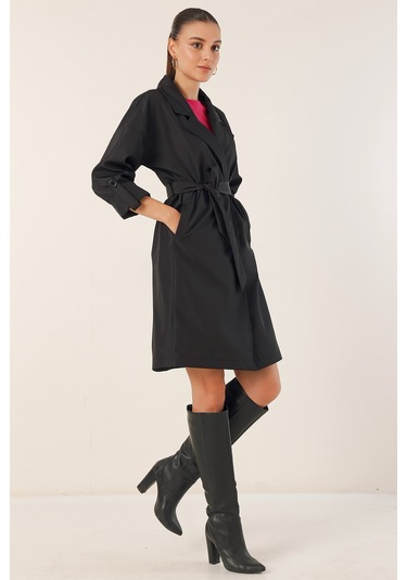 Bigdart 9104 Kruvaze Yaka Astarlı Trençkot - Siyah 001