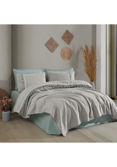 Butik Tek Kişilik Püsküllü Pike Takımı Bohamline V10 Açık Gri