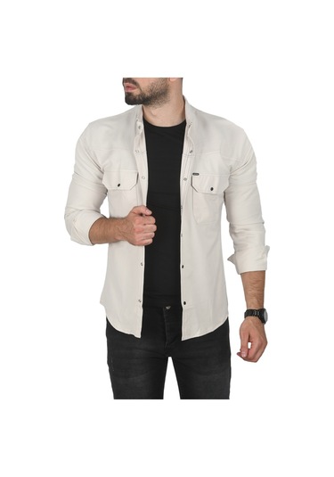 Deepsea Erkek Bej Büyük Beden Pamuklu Likralı Spor Gömlek Dar Kalıp, Çıt Çıt Kapamalı 2500423 Bej