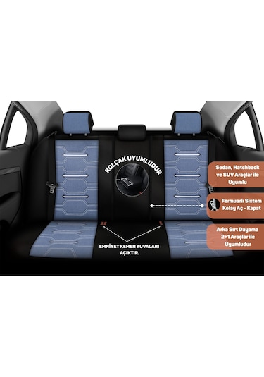 Minderland Fa Serisi - Volkswagen Amarok İle Uyumlu Koltuk Kılıfı, Keten / Mavi Melanj