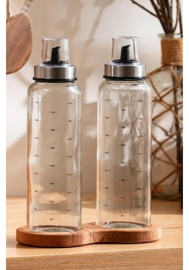 Ahşap Standlı Cam Yağdanlık Seti Damlatmaz Kapak 500 Ml 2 Li Set Şeffaf